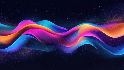 Poster - Vibrant Hues Flowing Dynamically Across a Dark Background, Abstract Cosmic Waves Dance with Glitter, Captivating Visuals