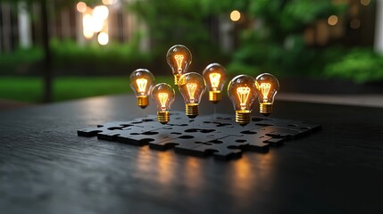 Wall Mural - a creative display of glowing light bulbs on a dark puzzle piece surface, symbolizing ideas and inno