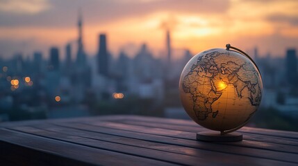 Wall Mural - Illuminated globe on rooftop at sunset, cityscape background.