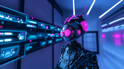 Poster - Futuristic robot in a glowing corridor filled with digital screens, showcasing advanced technology in a high-tech environment generated AI