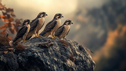 Sticker - Four falcons perched on a rock, overlooking a misty autumn landscape.