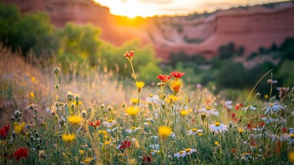 Poster - Vibrant wildflowers bloom in a field at sunset, with red rock formations in the background.