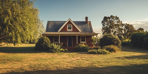 Sticker - Quaint brick cottage on a grassy lawn, surrounded by trees under a clear sky.