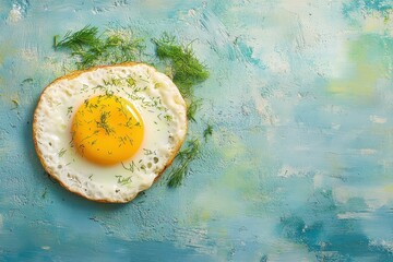 Canvas Print - Fried egg with dill on a blue painted surface