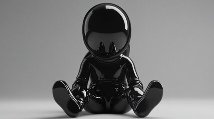 Wall Mural - black glossy astronaut figurine sitting on a gray background.