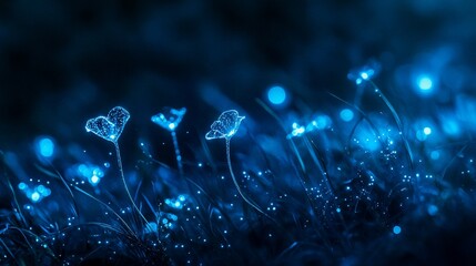 Wall Mural - glowing blue flowers illuminated in dark night.