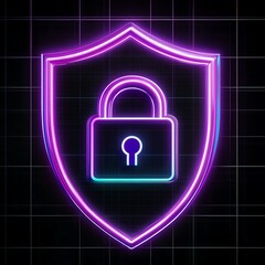 Wall Mural - A glowing neon shield with a padlock symbol, representing security and protection in a digital environment.