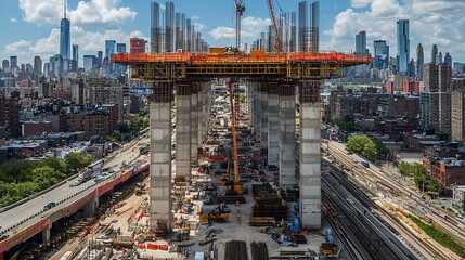 Canvas Print - Aerial view of a large-scale construction project in a city, showing skyscrapers in the background and various construction equipment and materials.