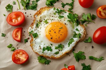 Canvas Print - A fried egg is surrounded by parsley and tomato pieces