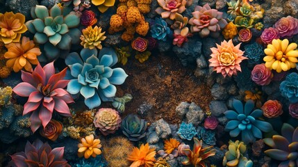 Poster - An enchanting assortment of colorful succulents showcases their unique shapes and textures, contrasting vividly against rich brown soil in a beautifully lit garden atmosphere