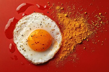 Canvas Print - Fried egg with pepper and turmeric on red surface