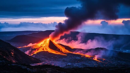 Wall Mural - dramatic volcanic eruption with glowing molten lava and dark smoke, capturing natural energy and des