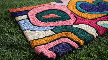 Poster - A stunning handmade wool rug displays a lively assortment of bold colors and unique patterns, perfect for enhancing the warmth and style of living areas or creative spaces