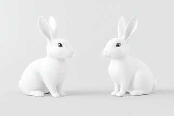 Two white rabbits sitting next to each other on a grey background