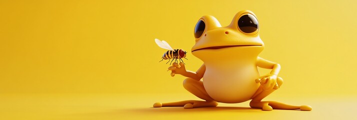 Canvas Print - Cute yellow cartoon frog holding a fly on a yellow background.