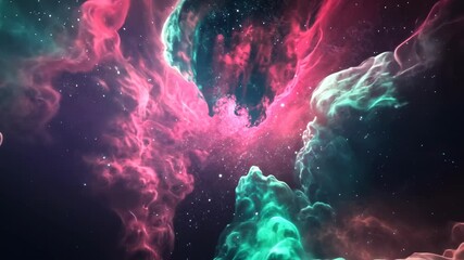 Wall Mural - expanding nebula with pink and green tones, stars scattered within its glowing clouds