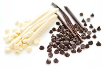 Wall Mural - Chocolate chips vanilla beans and white chocolate sticks displayed