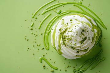 Wall Mural - Delicious pavlova dessert topped with matcha powder and sauce