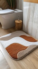 Poster - Warm shades of brown and white create a cozy atmosphere in this bathroom. The soft, shaggy carpet features abstract patterns and enhances the space's inviting vibe, ideal for bath time