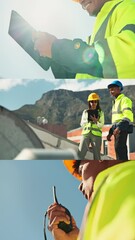 Poster - Series, contractor and teamwork with people in city for communication, architecture and maintenance. Feedback, planning and engineering with montage on rooftop for technician and inspection.
