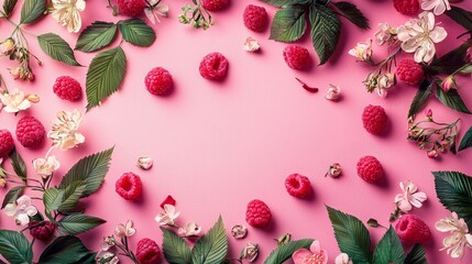 Poster - A colorful arrangement featuring fresh raspberries and assorted flowers creates an inviting display on a vibrant pink backdrop. Nature's beauty is captured, showcasing seasonal freshness