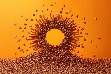 Poster - Coffee beans and cinnamon sticks arranged in sun shape