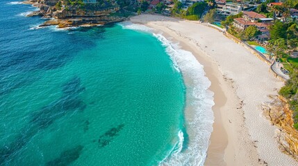 Aufkleber - Overlooking Bronte Beach, the stunning interplay of blue ocean waves and soft golden sand creates a serene coastal landscape. Lush greenery and quaint homes frame this picturesque scene