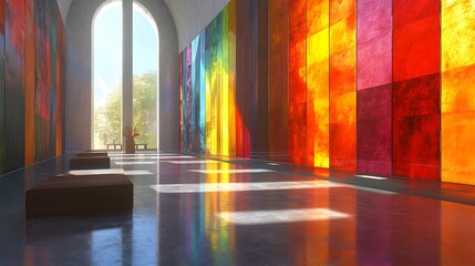 Fototapete - Graphic explorations vibrant graphic panels lined in a modern room with a large painting on the wall creating harmony