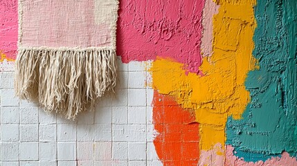 Poster - A lively display of color emerges from the walls, bursting with coral reds, warm yellows, and deep greens. A large tassel enhances the artistic border, blending vibrancy with texture