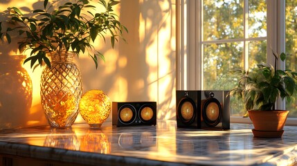 Fototapete - Game-ready assets displayed on a sleek table brigh plant in a vase modern decor home interior design 2023