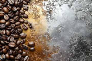 Wall Mural - Coffee beans arranged on a bronze and silver textured surface