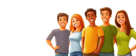 Happy group of friends standing together and smiling illustration isolated on white background with copy space Conceptual banner for diversity in people team or friendship day Generative AI