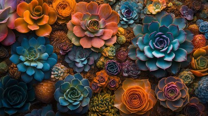 Poster - A captivating arrangement of colorful succulents in various shapes and sizes creates an enchanting display. Rich brown soil complements the vivid hues, enhancing nature's beauty