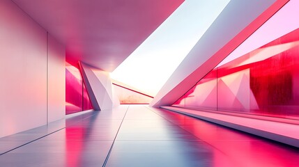 Fototapete - Dynamic low-poly structures in a digital space create a vibrant and immersive experience in a long hallway setting