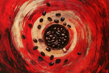 Wall Mural - Aromatic coffee beans arranged around a cup in still life