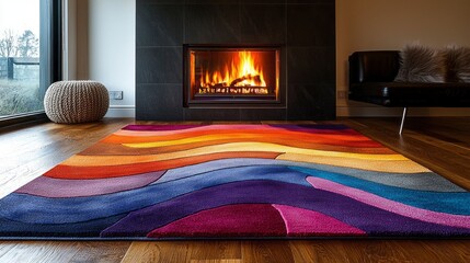 Poster - A vibrant abstract rug displays an array of colors, adding personality to a contemporary living room. A blazing fire in the fireplace enhances the inviting atmosphere, perfect for relaxation