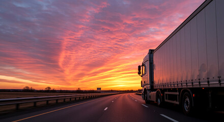 Poster - Truck on highway during sunset with vibrant sky transportation