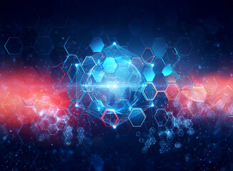 Poster - Abstract futuristic background with glowing hexagons and interconnected network lines in blue and red tones, creating a sense of technology and connection.