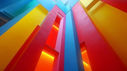 Fototapete - Abstract shapes float in an open space with vibran colorful building featuring many different colored walls 0114ee4d-0136-4ecd-a210-533ec2bf97ce 2