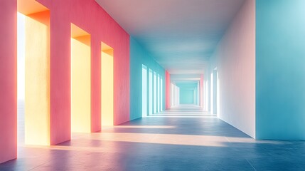 Fototapete - Abstract composition of shapes in muted pastel col creating a serene and artistic hallway with colorful walls