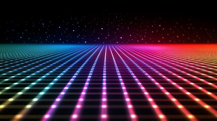 Poster - Futuristic Grid Landscape With Vibrant Neon Lights Illuminated Against a Starry Backdrop at Dusk