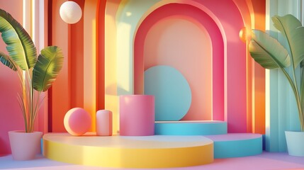 Poster - Bright and Colorful Abstract Interior Design With Geometric Shapes and Tropical Plants in a Sunny Setting