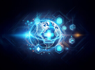 Poster - Global health concept with digital earth and glowing medical symbols. Futuristic blue network with tech icons around the world map.