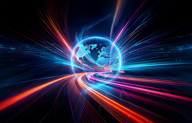 Poster - Translucent globe emitting vibrant light trails of blue, red, and pink against a dark backdrop, symbolizing global connections and future technology.