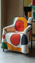 Poster - A beautifully designed armchair draped in a colorful abstract throw catches the light in a stylish modern room. The blend of shapes and colors invites comfort and creativity