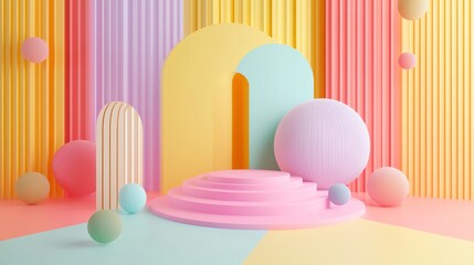 Poster - Vibrant Pastel Geometric Stage With Colorful Shapes in a Playful Creative Setting