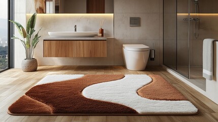 Poster - Soft shaggy bathroom carpet featuring abstract shapes in brown and white complements the wooden floor. It enhances the inviting look around the sink and toilet area, promoting comfort and style