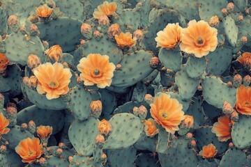 Poster - Lush cacti burst into life with striking orange flowers under soft pastel tones, evoking a serene atmosphere in a blooming desert garden during daylight