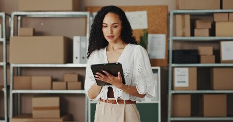 Poster - Woman, check and typing on tablet at workshop of stock inventory, online order and box invoice. Female person, digital app and ecommerce website for supply chain, logistics checklist and distribution