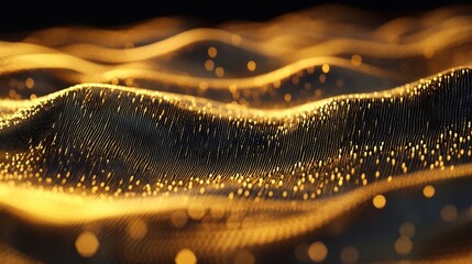 Poster - Abstract golden waves of light, particles shimmering. Perfect for luxury, technology, or data visualization projects.